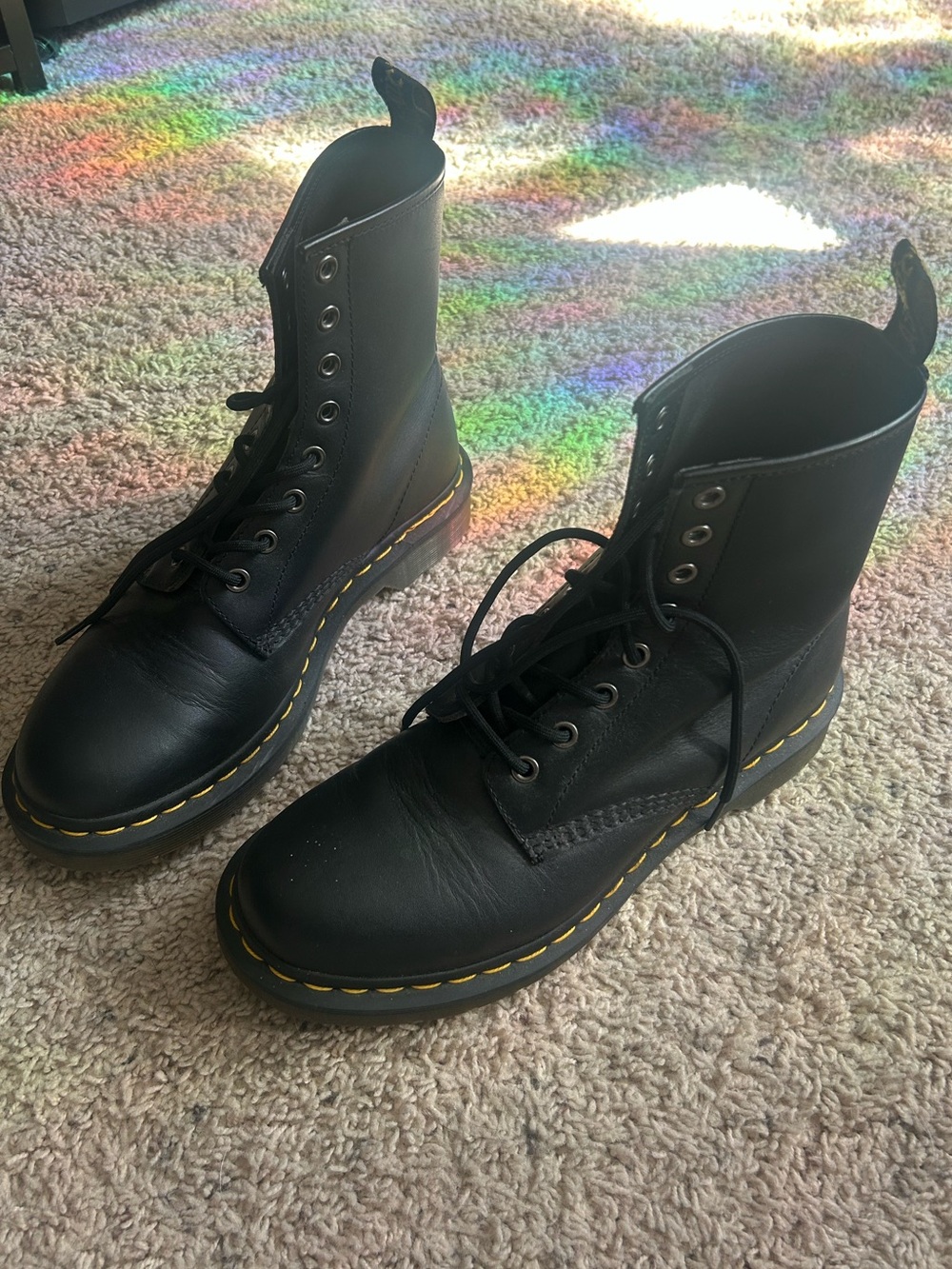Dr. Martens Black Leather Lace-Up Boots with Yellow Stitching